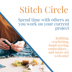 Woman crafting with text advertising monthly stitch circle